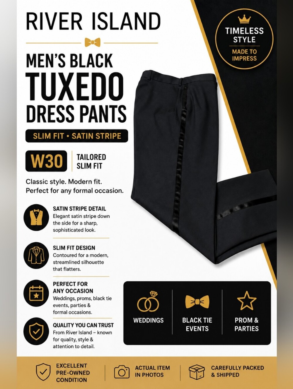 River Island Men's Black Tuxedo Dress Pants W30 Slim Fit Satin Stripe Formal